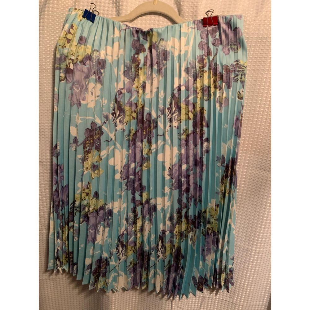 Worthington Womens Blue Purple Floral Pleated Midi Skirt Large Elastic Waist